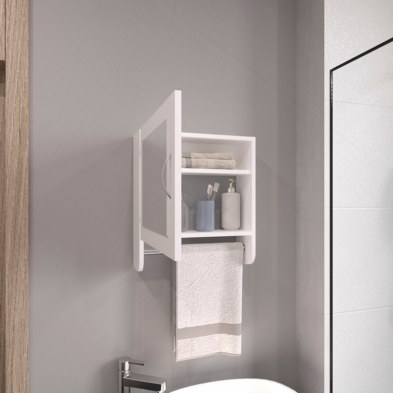 BOTIQ 19.7" H X 17.7" W Mirror Medicine Cabinet With Towel Rack White, One Door With Two Interior Shelves For Bathroom, Kitchen White