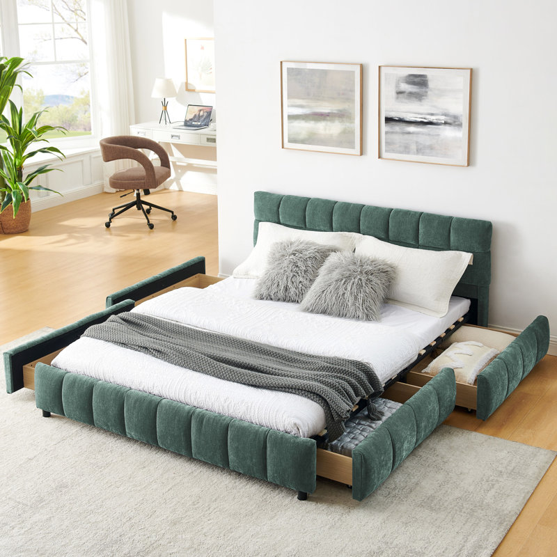 Lit moderne bleu et grand lit - rembourré avec un tiroir de rangement doux pour tête de lit, Bleu vert