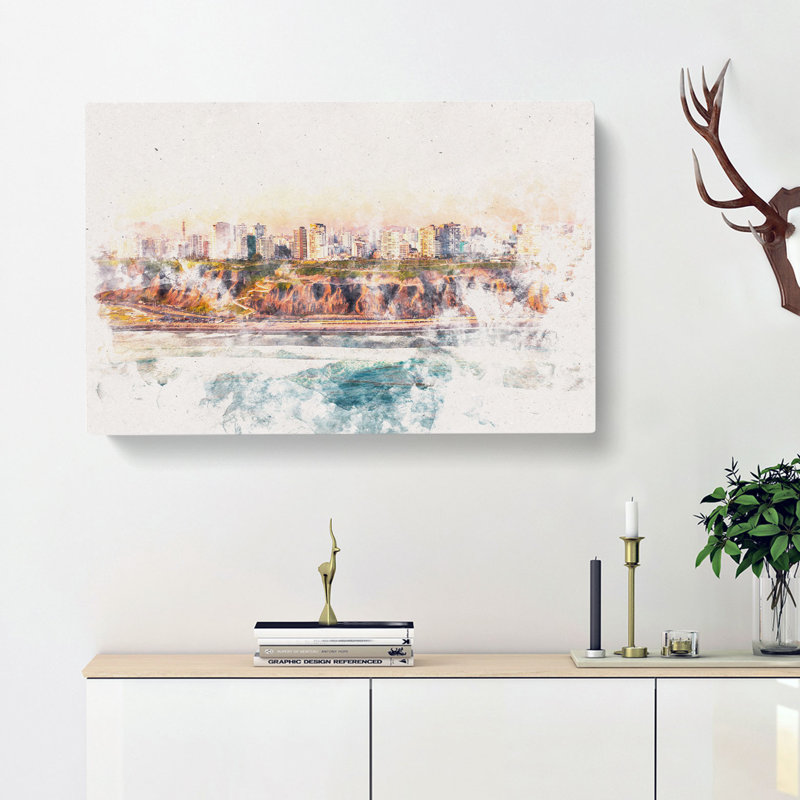 Lima Skyline in Peru Watercolour - Wrapped Canvas Graphic Art Print, 60cm H x 91cm W x 3cm D