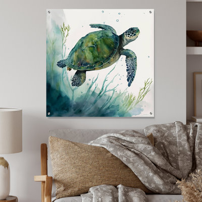 Watercolor Turtle Swimming II - Turtle Acrylic Wall Art Glass