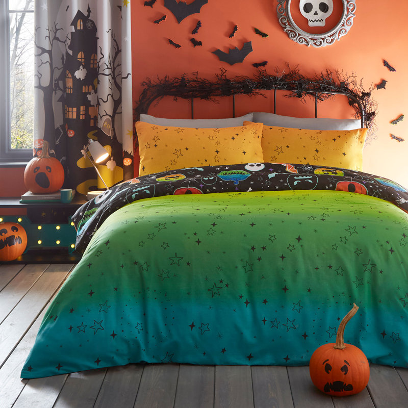 Scary Pumpkins 100% Polyester (Recycled) Block Print Duvet Cover Set with Pillowcases