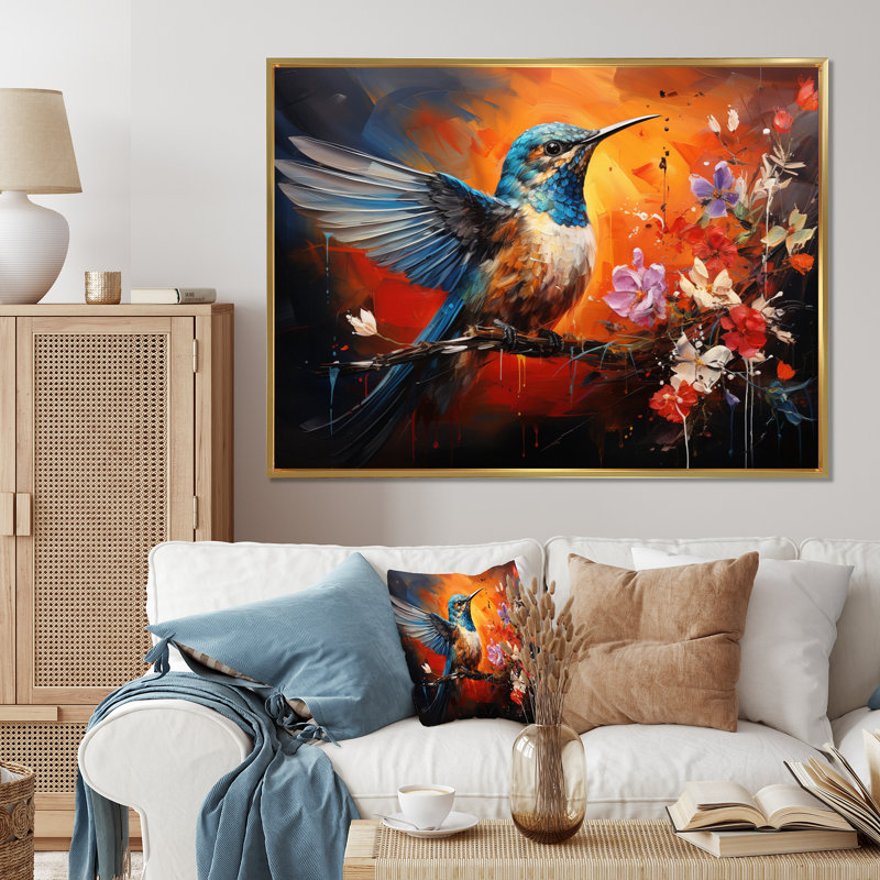 Teal Orange Hummingbird Enchanting Hum Collage - Animals Canvas Art Print, Cadre flottant doré, H 12 po x l 20 po x P 1 po