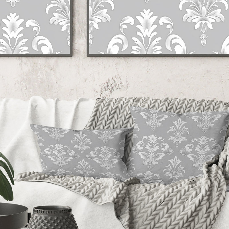 Motif damassé moderne gris et blanc - Coussin décoratif moderne, H 18 po x l 18 po