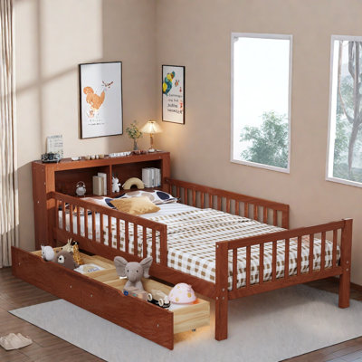 Bed With Headboard Storage Rack, Two Drawers And Three-side Guardrails