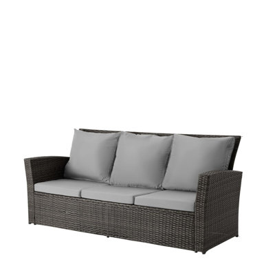 Canapé de patio 67,7 po en osier 3 places avec coussins gris épais et structure noire