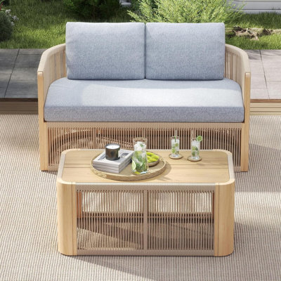2-Seater Rope Sofa Set With Table, Patio Rope Chairs Set, Rope Patio Furniture Set, Outdoor Deck Chair With Cushions, Aluminum Outdoor Loveseat In All by Ebern Designs