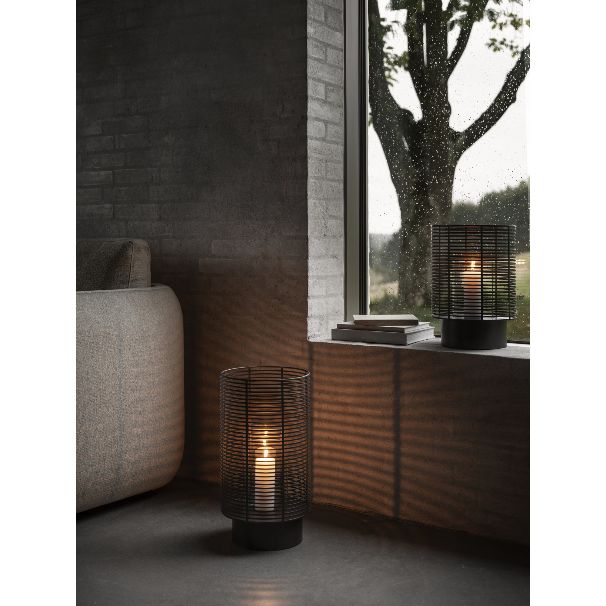 OLEA Lantern Candle Holder - Indoor / Outdoor, Gunmetal Metallic, 18.9" x 10.2" W x 10.2" D