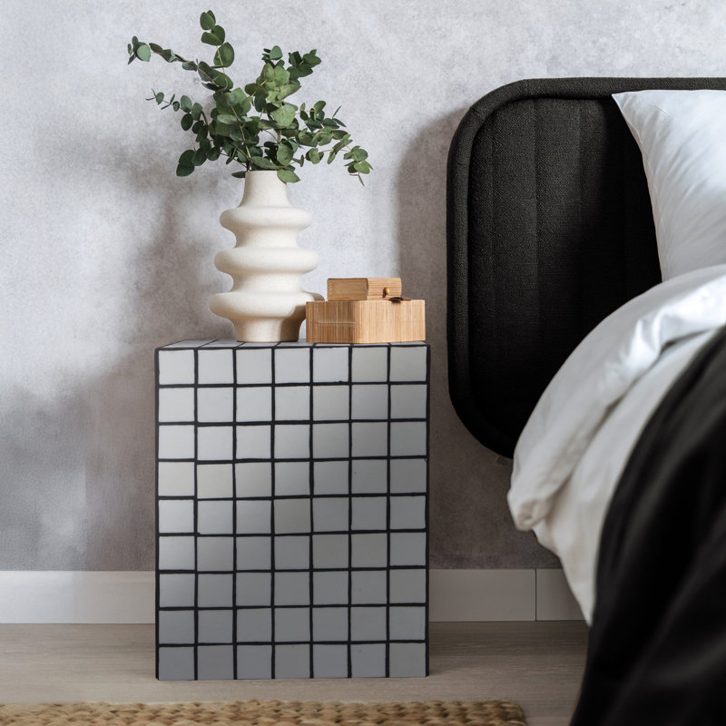 Callista Modern 18" White/Black Ceramic Tiled Cube Side Table, Glossy Square Mosaic Pedestal Accent End Table for Living Room & Bedroom