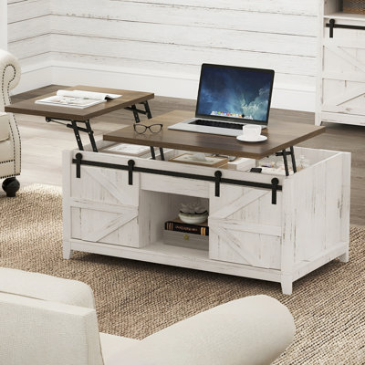 Farmhouse Double Lift Top Coffee Table With Sliding Barn Doors, Wood Square Center Table With Large Hidden Storage Space And Open Cabinet, For Living -  Gracie Oaks, C88F423077464515AA598789E4C01827