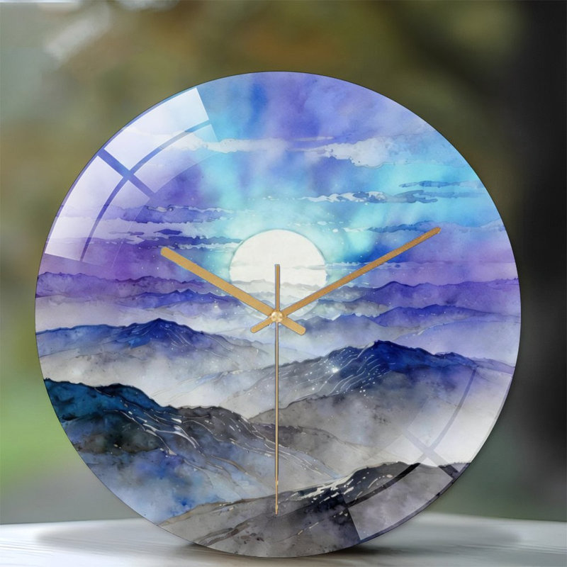 Horloge murale 12 po ronde en verre trempé avec mouvement à quartz silencieux, Aurora Dusk