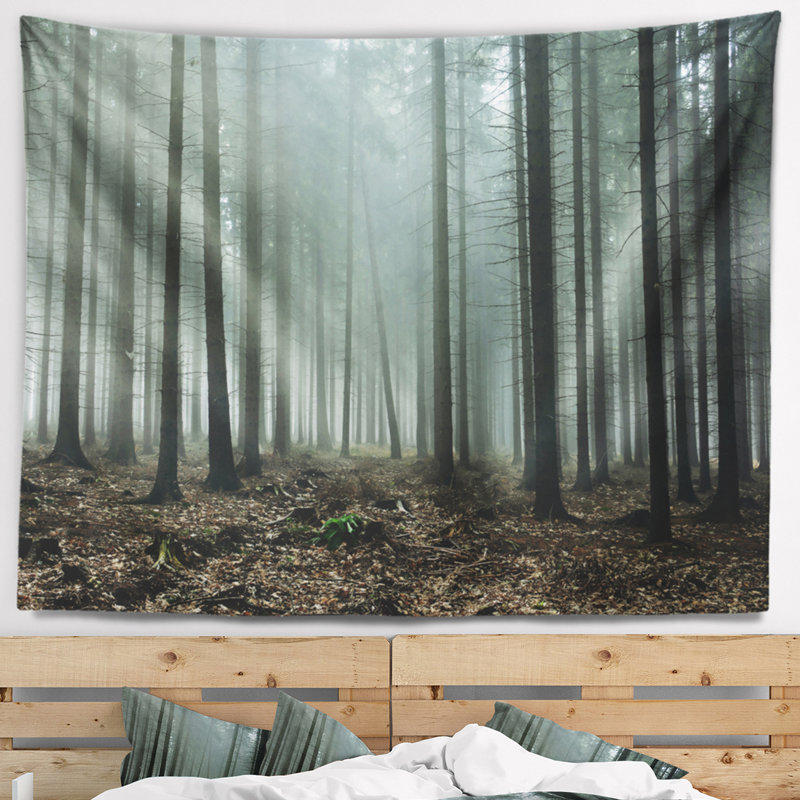 Paysage sombre soleil levant dans une tapisserie forêt foncée, H 50 po x l 60 po