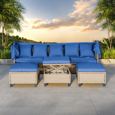 4 Pieces Uv-proof Resin Wicker Patio Sofa Set Included A 4-seat Sofa, 2 Ottomans, A Lifting Table, Retractable Canopy, Cushions And Adjustable Backrest