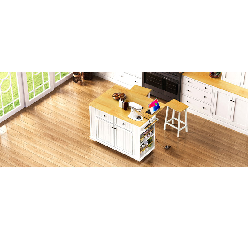 Îlot de cuisine 48 pouces avec 2 tabourets de bar, prise de courant, support de rangement interne pour porte, chariot de rangement pour cuisine sur 5 roulettes avec abattant, 5 supports latéraux, 2 tiroirs