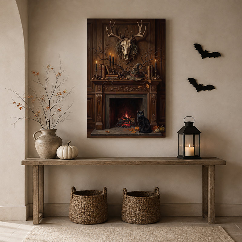 Automne, art mural sur toile Halloween avec crâne de cerf et chat noir, H 18 po x l 12 po