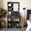 Table de coiffeuse compacte avec miroir et lumières DEL réglables - Bureau de dressage avec prise de courant, support pour sèche-cheveux, tabouret rembourré, 3 tiroirs (1 grand + 2 compacts) pour les petites chambres-118027890-118027892