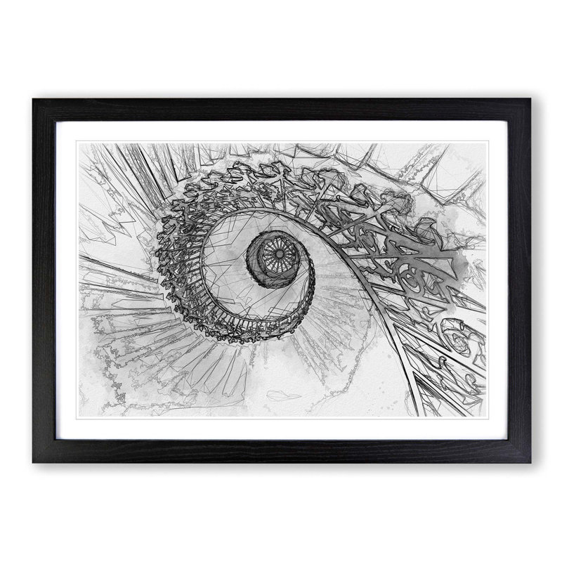 Spiral Staircase in Abstract - Picture Frame Graphic Art Print on MDF, 36cm H x 48cm W x 2cm D, Black Framed