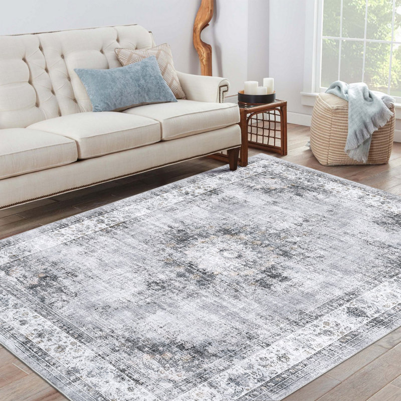 Machine Washable Rugs Oriental Floral Non-Slip Low Pile Rubber Backing Area Rug for Living Room Bedroom Kitchen Dining Room