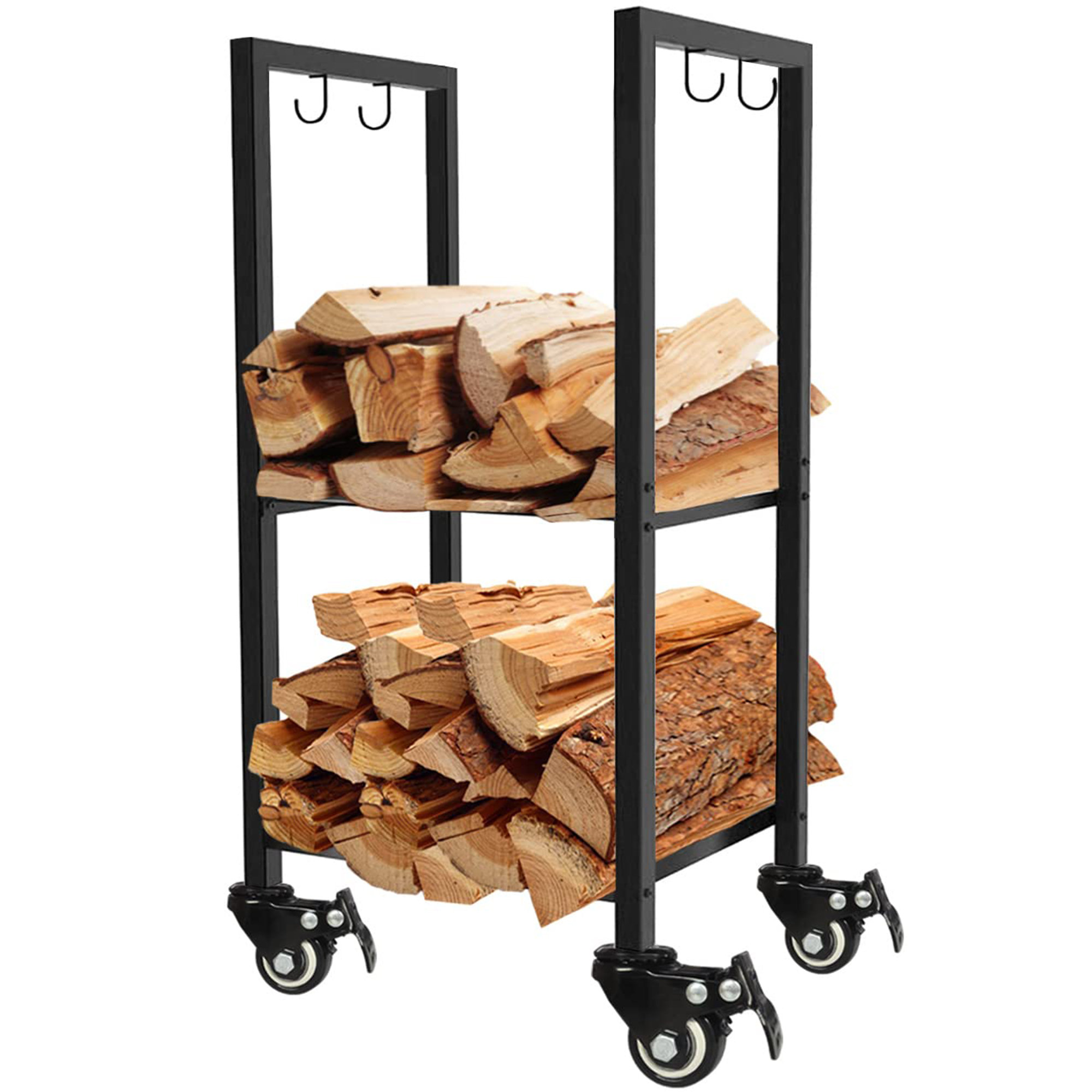 Compact Log Rack Latitude Run® 2-Tier Small Firewood Log Rack with Wheels - Black Heavy ...