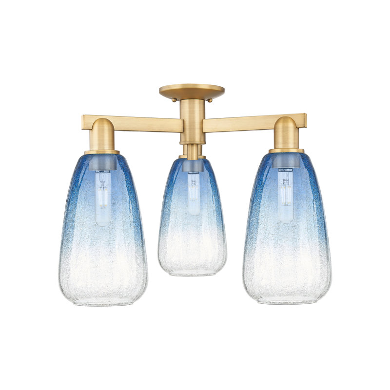 Plafonnier semi-encastré 3 lumières Jacquette, Laiton brossé, Bleu saphir