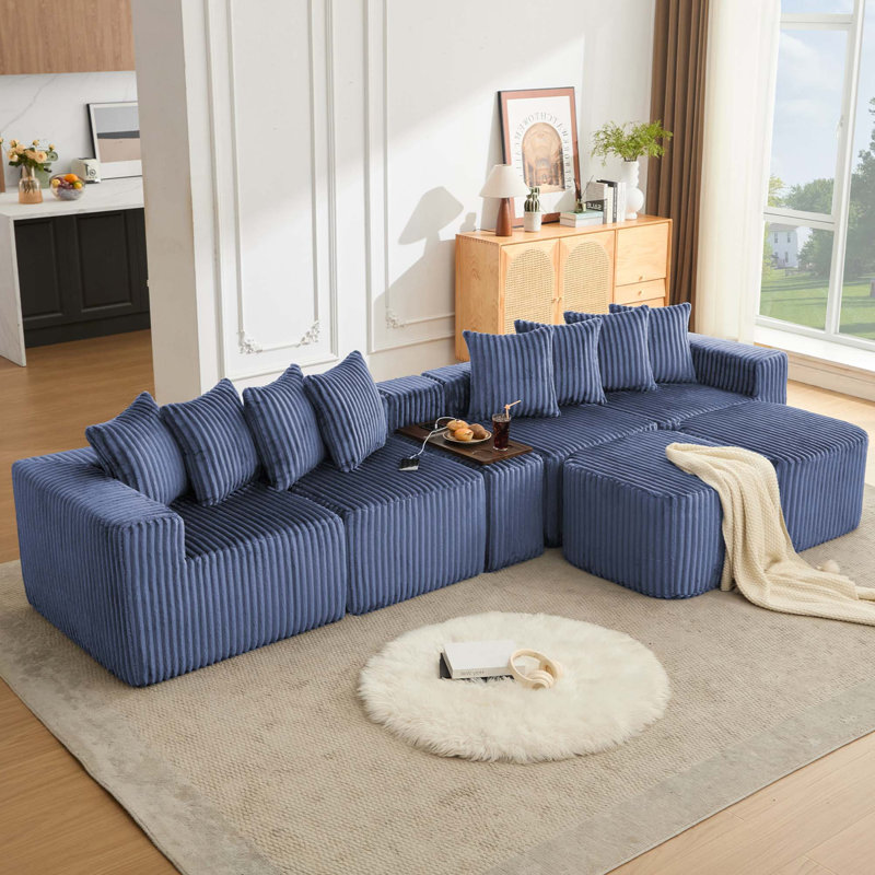 Canapé modulaire en U avec charge sans fil et table basse, Blue Corduroy