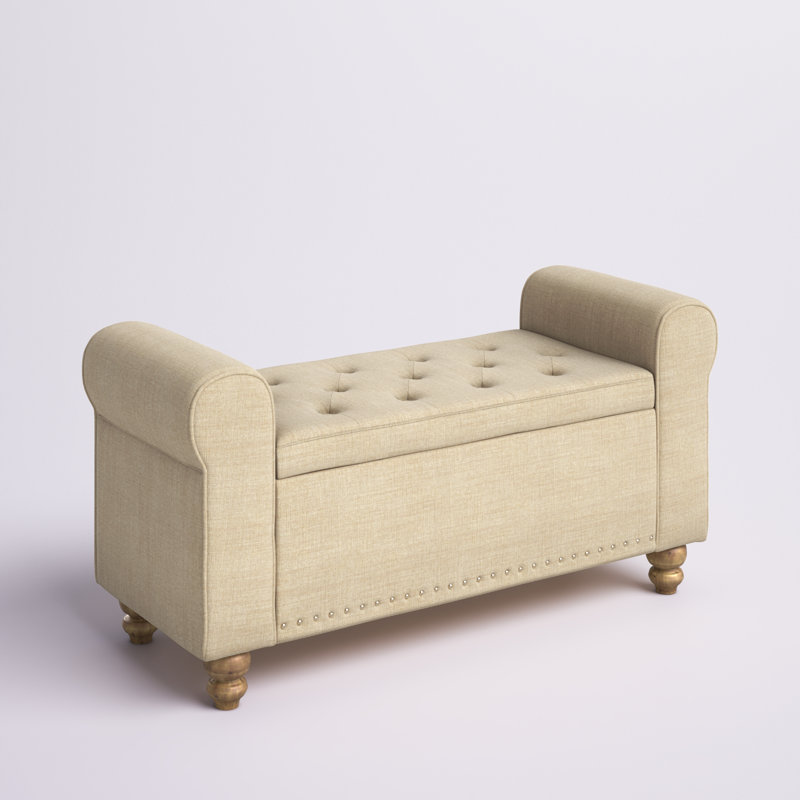 Alisdair 43.7'' W Flip Top Storage Bench with Nailhead and Solid Wood Legs, Linen