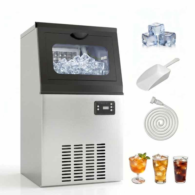Machine à glaçons commerciale intégrée 80LBS / 24H, machine à glaçons autoportante / sous comptoir en acier inoxydable avec capacité de stockage de glace de 20Lbs, double entrée d'eau et fonction autonettoyante, machine à glaçons pour restaurant, bars, café