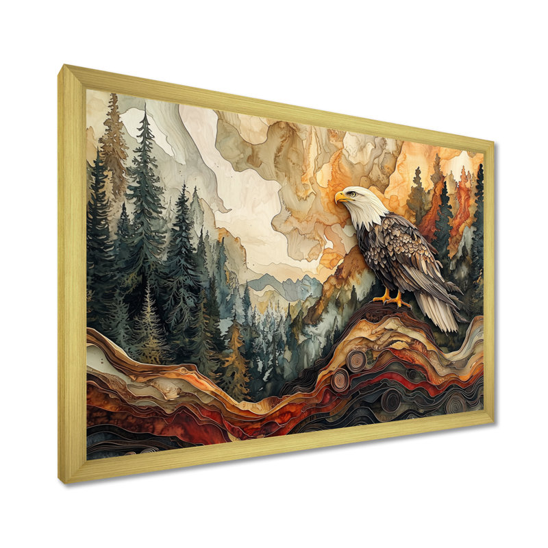 Gianelly Eagle In A Large Forest Landscape - Eagle Wall Art, Single Picture Framed Print, 30" H x 40" W, Gold