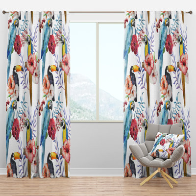 Panneau de rideau simple semi-diaphane avec passe-tringle perroquets, hibiscus et toucan