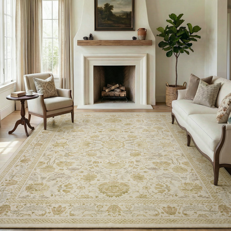 Tapis floral antidérapant doux et lavable pour salon, chambre à coucher en champagne antique, Beige/Ivoire/Crème
