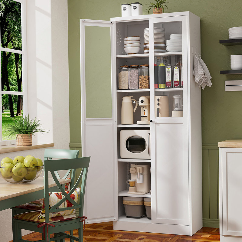 Armoire de cuisine 72 po en métal avec portes et tablettes, grand organisateur de rangement réglable robuste, armoire autoportante sans outil pour le salon, la salle de bain, blanc