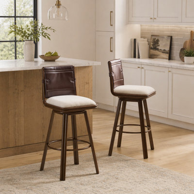 Tabouret de bar d'intérieur pivotant avec structure en métal, finition noyer et revêtement beige, ensemble de 2, parfait pour les bars et les cuisines