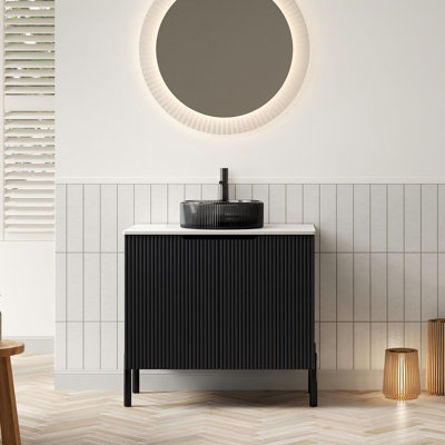 Meuble-lavabo de salle de bain avec lavabo, armoire de rangement autoportante avec 2 portes, lavabo rond en verre et comptoir en pierre frittée, sans robinet