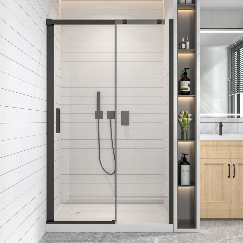 Single Sliding Semi-Frameless Shower Door With 5/16'' Tempered Glass, 74" H x 60" W, Matte Black