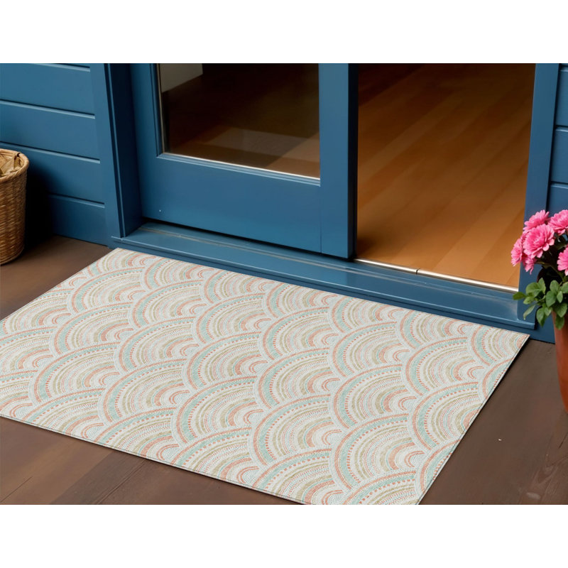 3' X 5' Linen Orange And Ivory Geometric Washable Indoor Outdoor Area Rug
