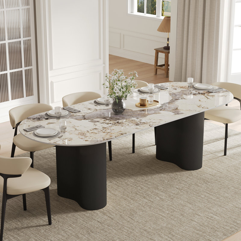 Table de salle à manger 78 "de luxe en faux marbre 6-8 personnes, double colonne romaine avec pieds noirs et table de cuisine minimaliste moderne pour le salon