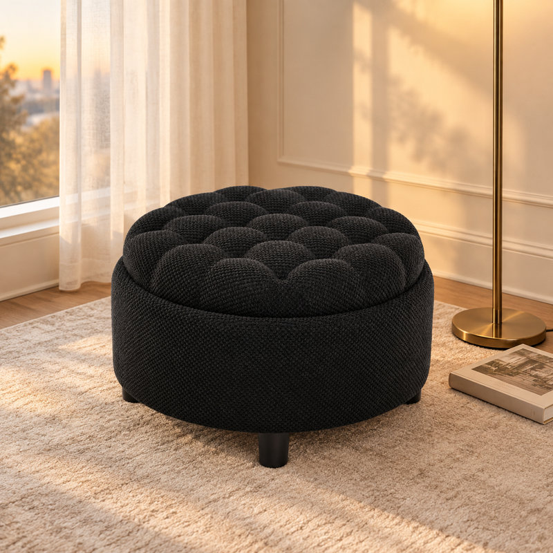 Pouf de rangement rond capitonné de 25 pouces avec plateau amovible., Jet black