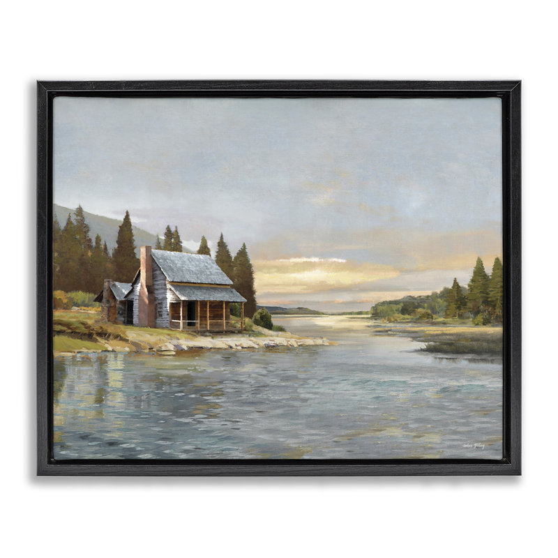 «Cabin at River's Edge», art mural encadré sur toile flottante, design par Amber Sterling, Cadre flottant noir de jais