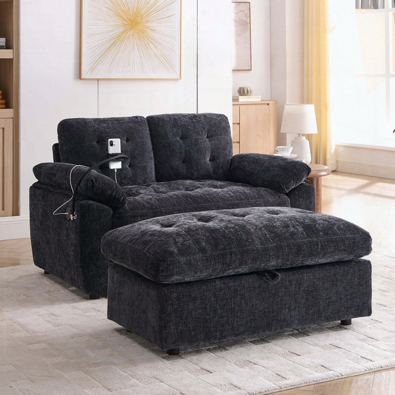 Double Recliner Sofa with USB Charging and Storage Ottoman, Black