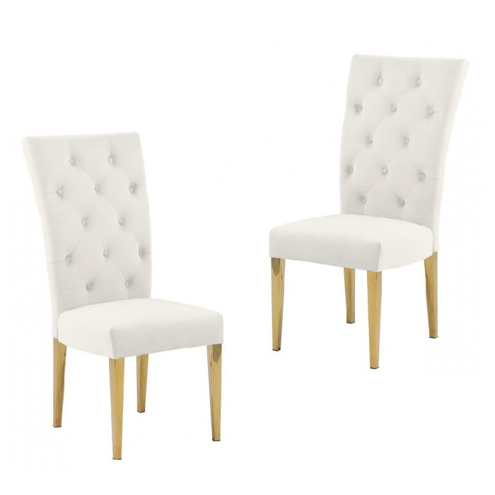 Ensemble de 2 chaises de salle à manger rembourrées en velours, chaise de cuisine capitonnée à finition dorée, crème, velours, ensemble 2 pièces, crème