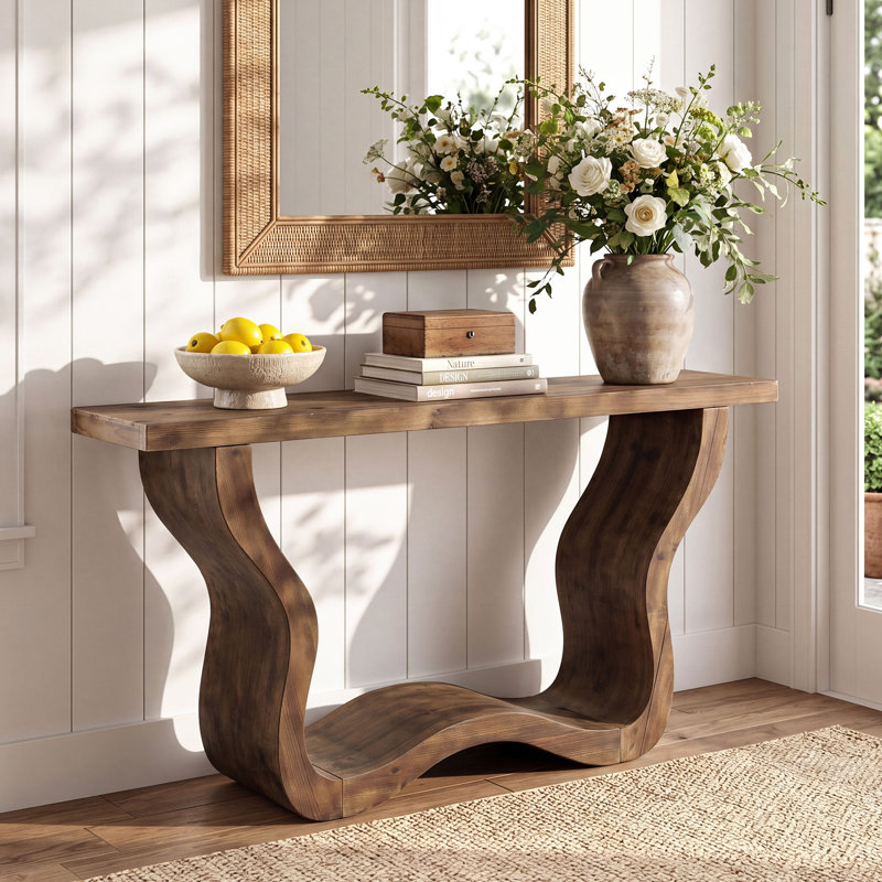 55.12" Solid Wood Console Table With Artistic Wave-Shaped Base