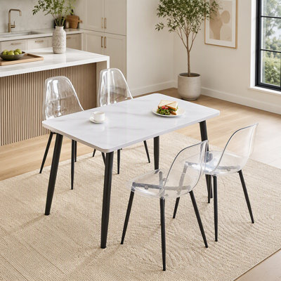 Modern Rectangular Dining Table Set with White Tempered Glass, MDF Board, and 4 Transparent Plastic Chairs for Comfortable Home Dining