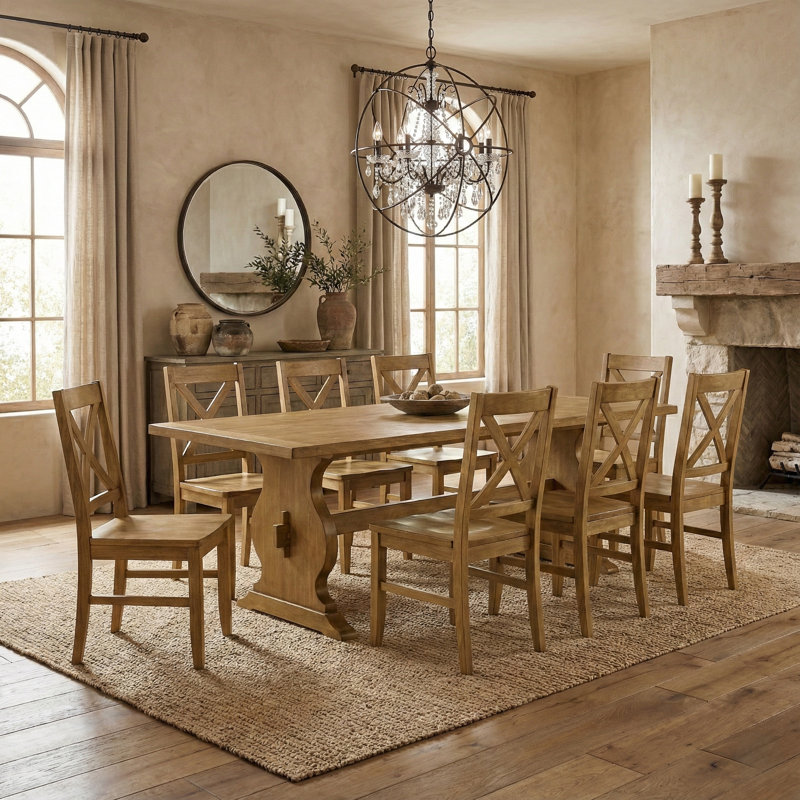 Almeda Traditional 70.8" Rectangular Dining Table Set, 9 Pieces: Table, 8 Chairs, Light Yellow Wood