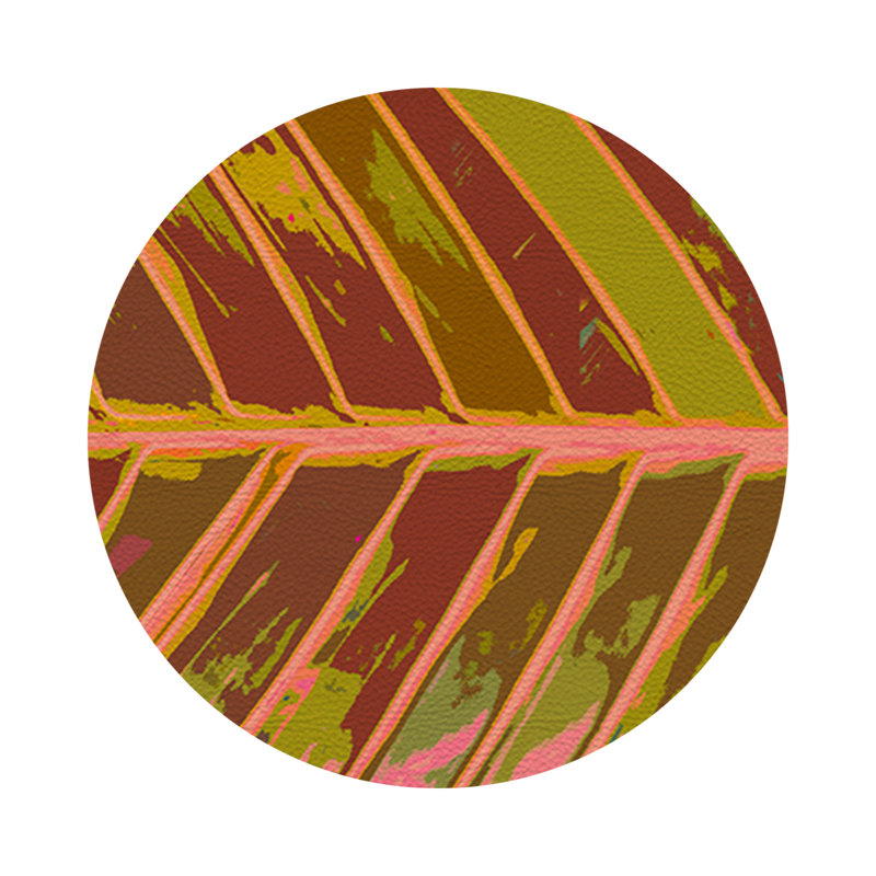 Tropical Leaf Crimson Vegan Leather Round Coasters, Crimson