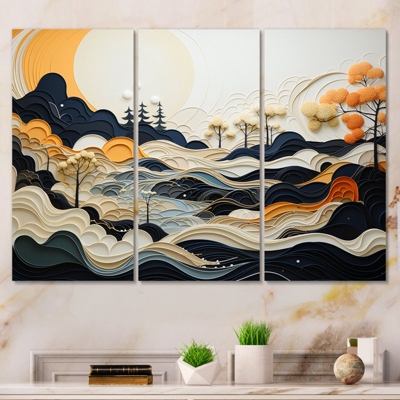 «Gray Orange Line Art Landscape», impression sur toile, 3 pièces, H 40 po x l 60 po x P 1 po