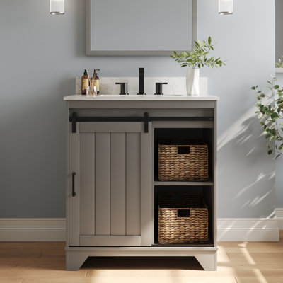 30'' Bathroom Vanity with Ceramic Sink Top, Pre-assembled Bathroom Cabinet with 2 Storage Baskets -  DeerValley, DV-1BV0153GY