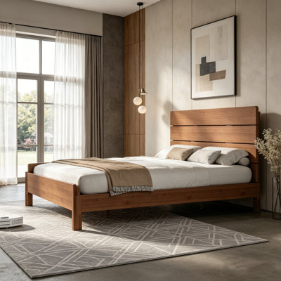 Structure de lit en bambou, lit plateforme avec tête de lit et lattes de soutien améliorées, lit plateforme en bambou massif, structure stable sans bruit, structure de lit en bambou à profil bas pour chambre d'amis, lit double / grand / très grand