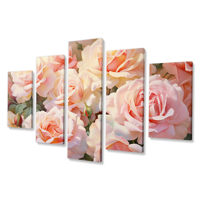 Impression rose romantique roses - décoration murale florale - 5 panneaux