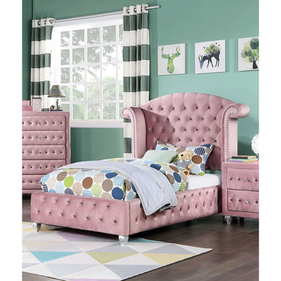 Lit simple en flanelle rose avec tête rembourrée et panneaux latéraux Tête de lit tapissier traditionnelle