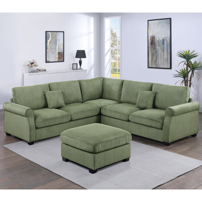 Srinav 4 Piece Corduroy Upholstered Sectional With 2 Pillows In Sage by Winston Porter