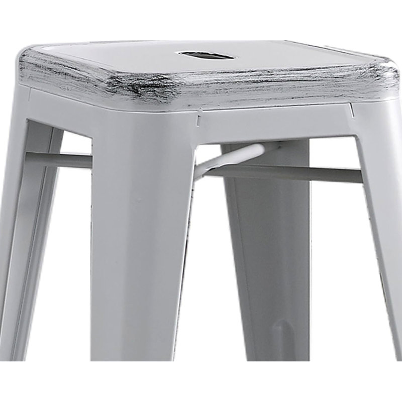 Tabourets de bar industriels et contemporains sans dossier en métal de 2 places, siège de 24 po, de couleur blanche vieillie, empilable, structure solide, conception intérieure et extérieure légère et rustique, quatre pieds avec coussinets en caoutchouc, X renforcé